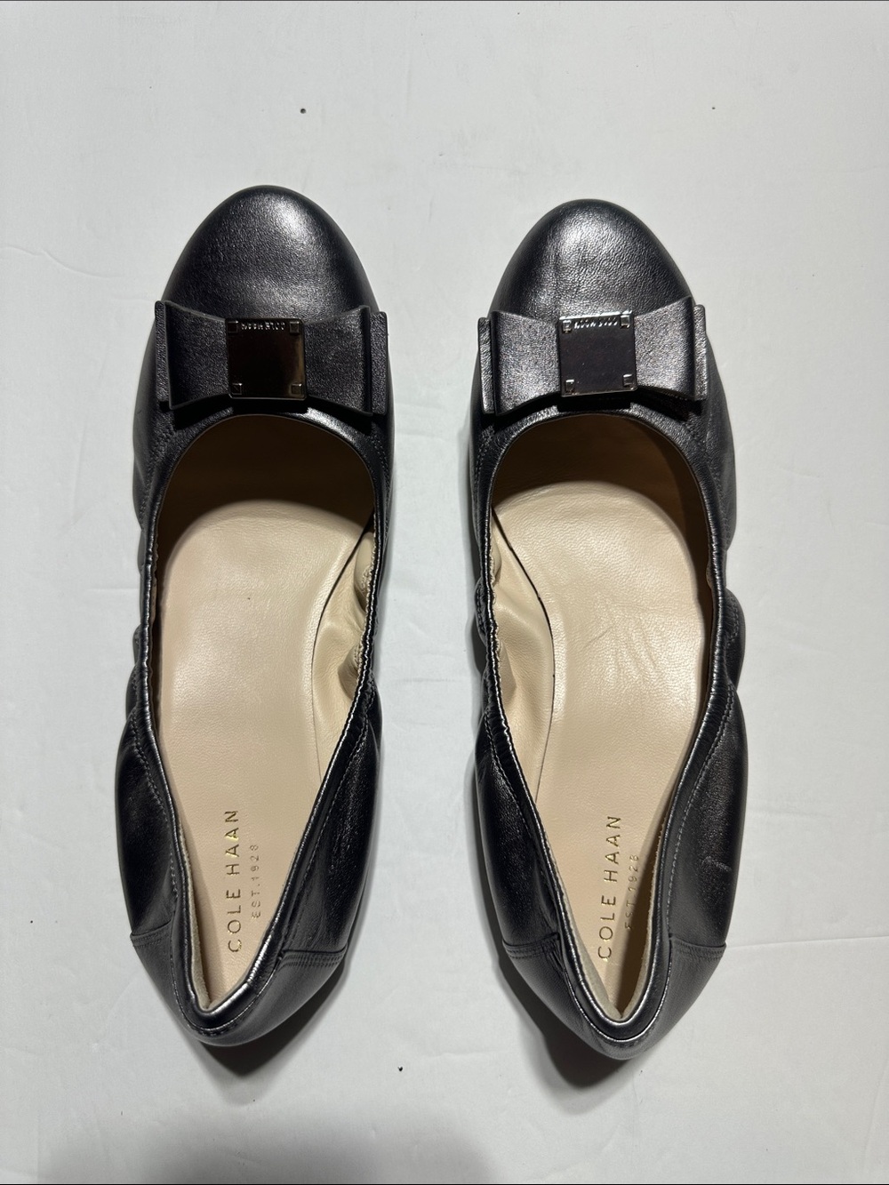 Cole Haan Tali bow ballet soft leather Flats metallic gunmetal elastic collar